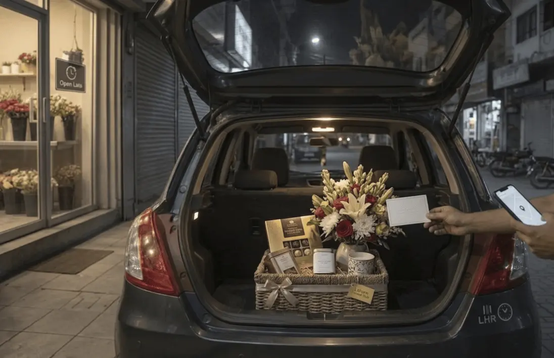 A realistic photo of a curated gift hamper with fresh flowers in the open trunk of a car at a nighttime delivery, illustrating how same-day flower delivery in Lahore actually works.