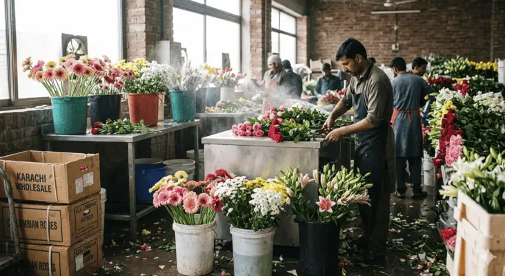 Florists trimming and preparing fresh roses, lilies, and gerbera daisies in a Lahore wholesale flower market workshop for same-day delivery.