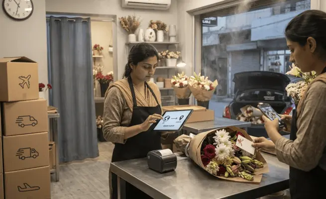 A Pakistani florist processing an international online order on a tablet while a colleague takes a confirmation photo of a fresh bouquet, demonstrating how same-day flower delivery in Lahore actually works for overseas senders.