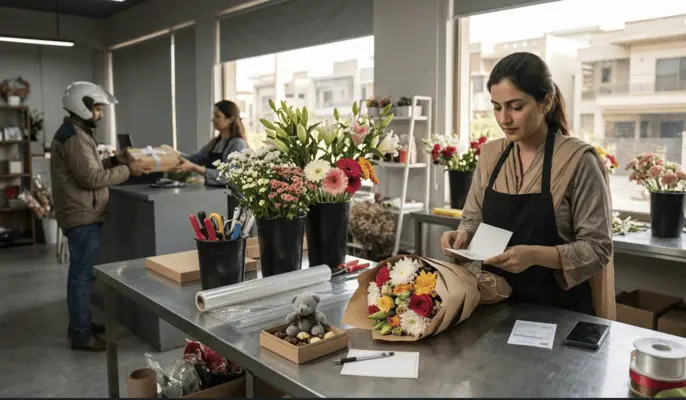 A local florist in Lahore arranging a fresh bouquet while a delivery rider picks up a wrapped package for same-day flower delivery.